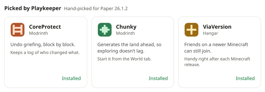 The add-on library: Picked by Playkeeper, then the most downloaded plugins that work on the server.