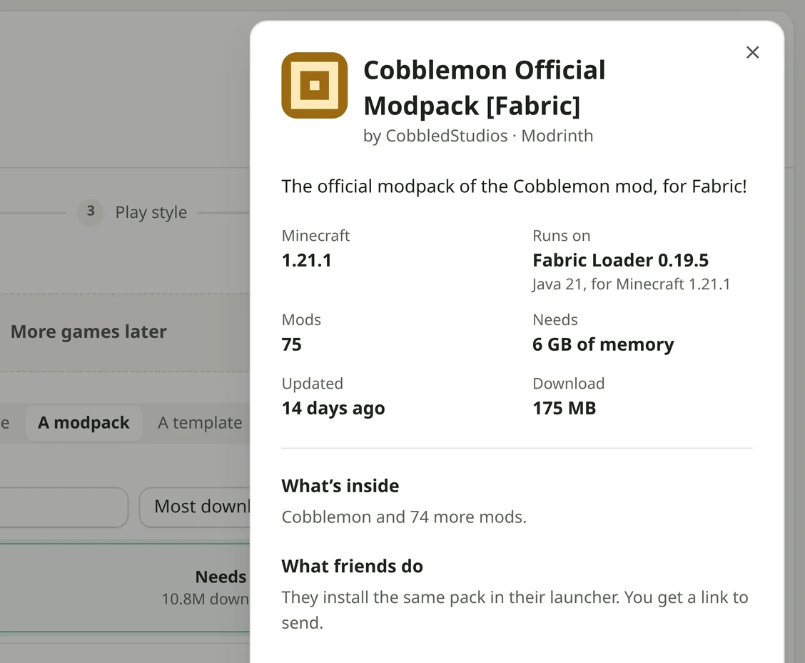 A modpack's details over New server: what's inside and what friends do.