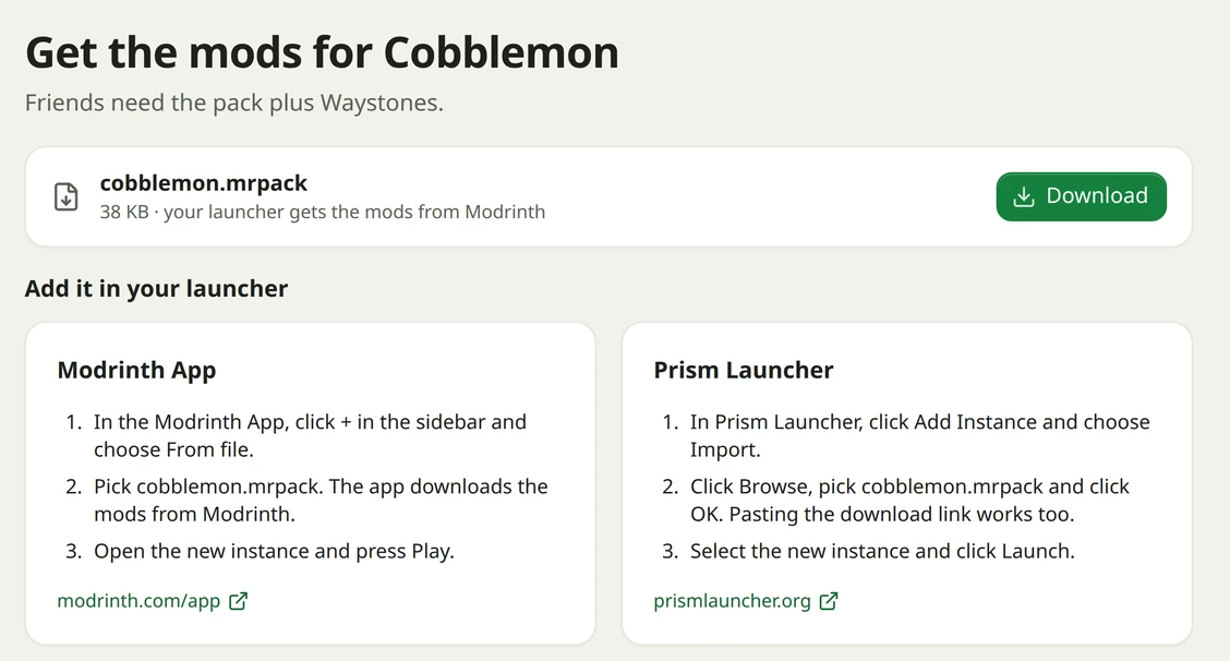 The page friends open: the pack file and steps for the Modrinth App and Prism Launcher.