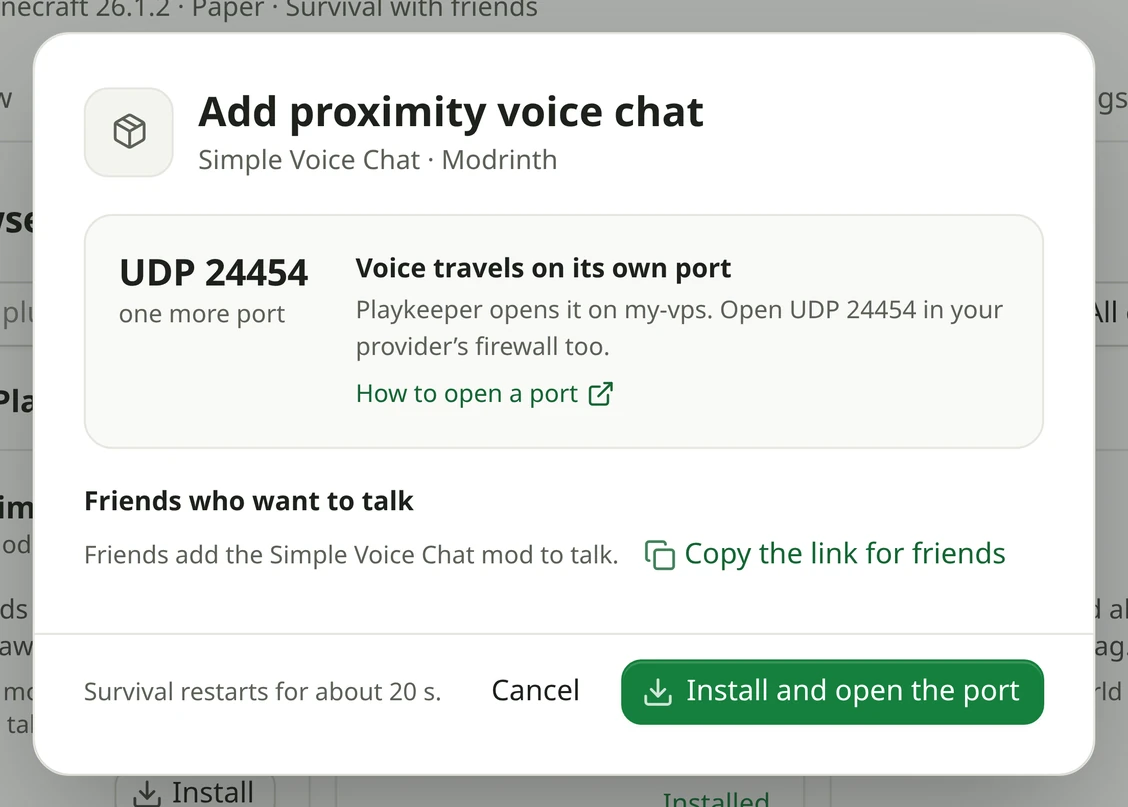 Adding proximity voice chat: Playkeeper opens its UDP port and says to open it in the provider's firewall too.