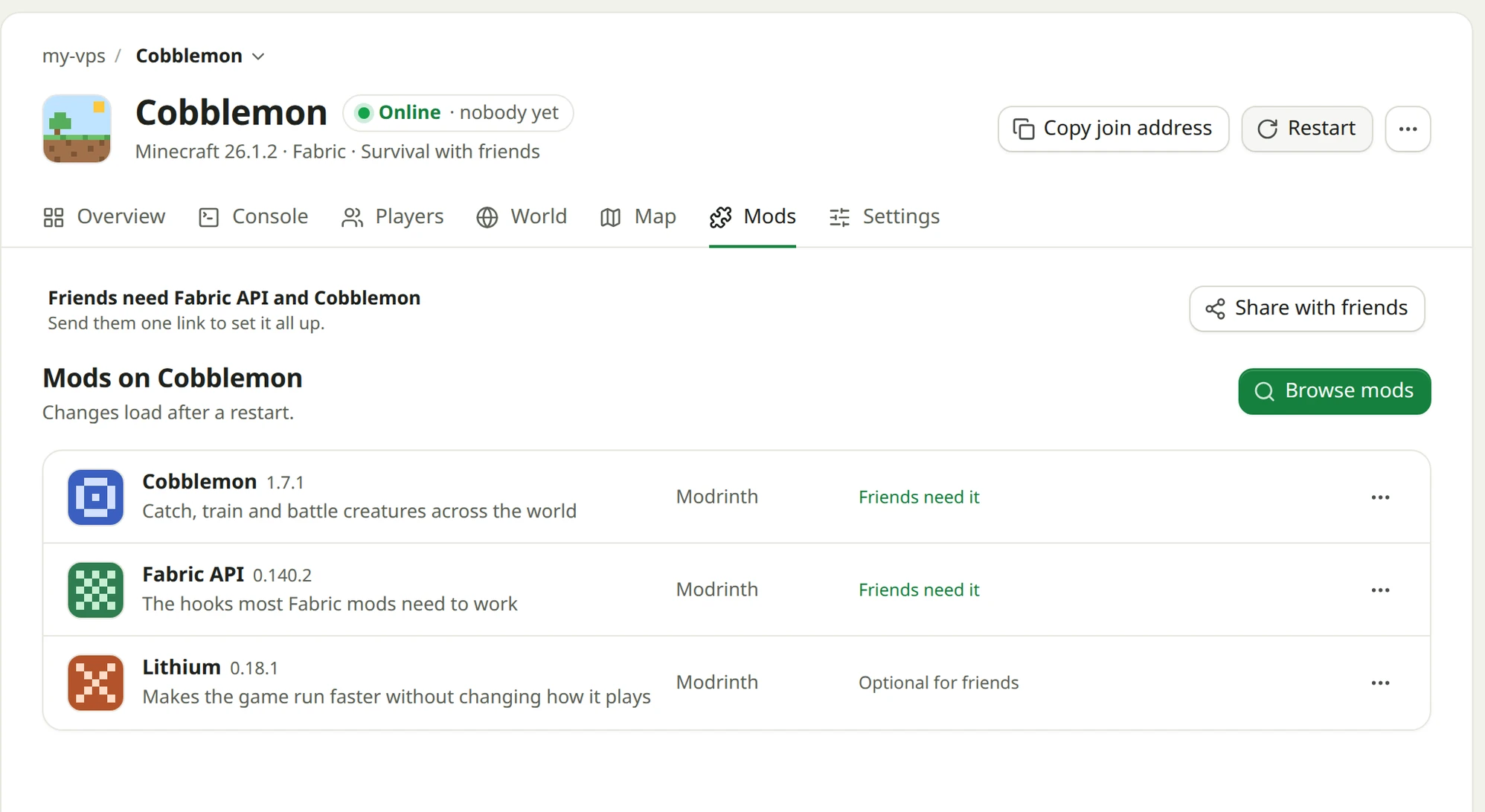 The Mods tab of a Fabric server: the mods added by hand, what friends need of each, and Share with friends.