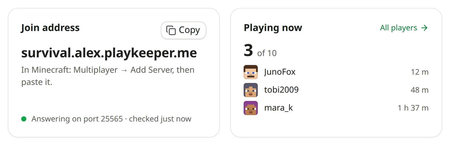 A server's Overview: its join address survival.alex.playkeeper.me with Copy, and the three friends playing now.