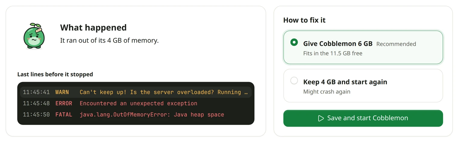 A crashed server's Overview: what happened, the last lines of the log, and how to fix it.