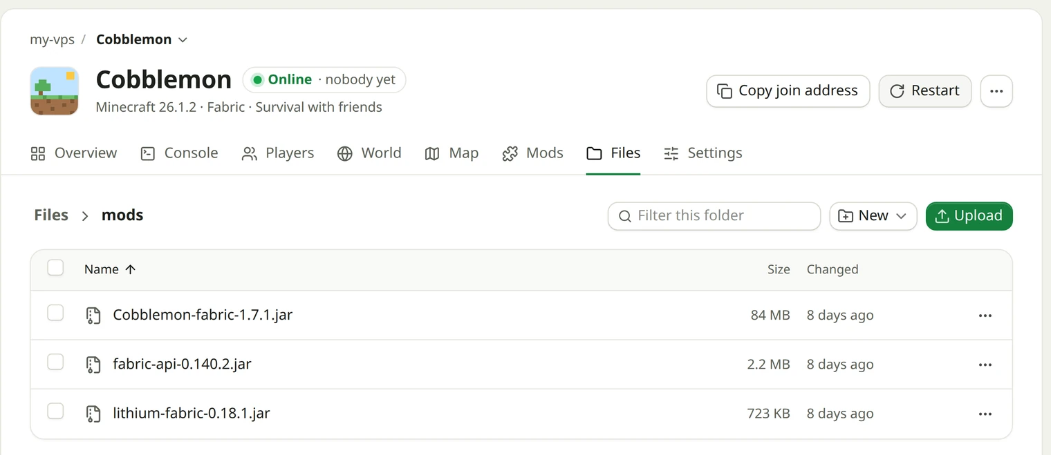 The Files tab of a Fabric server, open at its mods folder: each mod's file with its size and when it changed, and Upload.