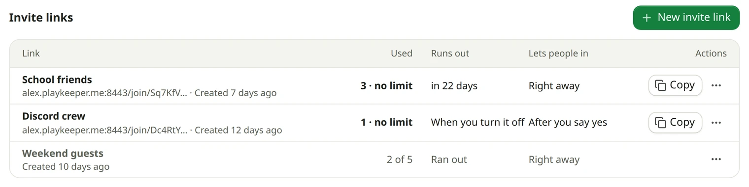The Players tab: invite links, each with who joined with it and when it runs out, and New invite link.