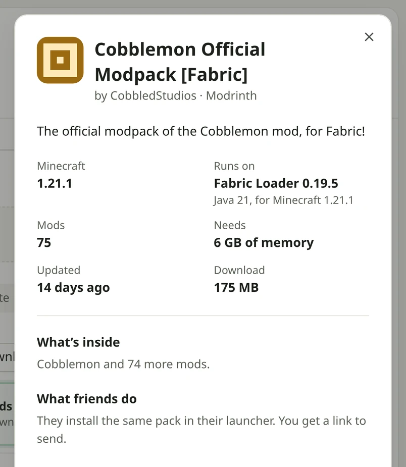 A modpack's details: Minecraft version, loader, mods, memory, when it was updated and how big the download is.