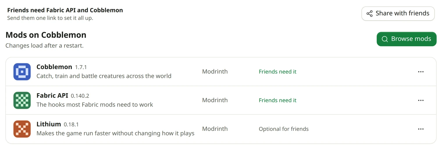 The Mods tab: mods added by hand, with what friends need of each, and the modpack's own mods.