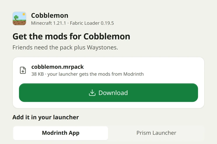 The page friends open: the server's versions, the pack file to download and their launcher's steps.