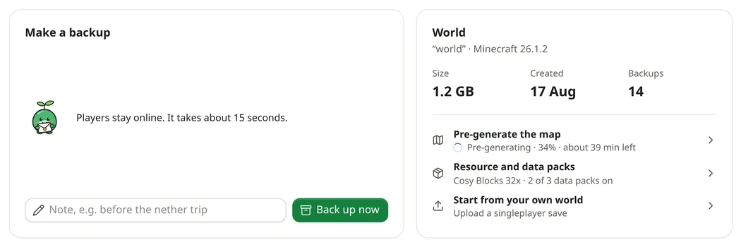 The World tab: Back up now while players stay online, and the world's size and backups.
