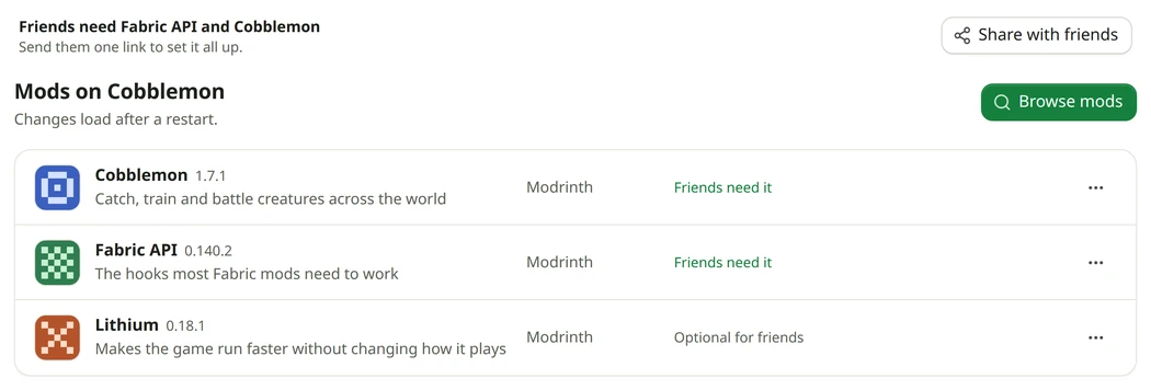 The Mods tab of a Fabric server, with what friends need of each mod.