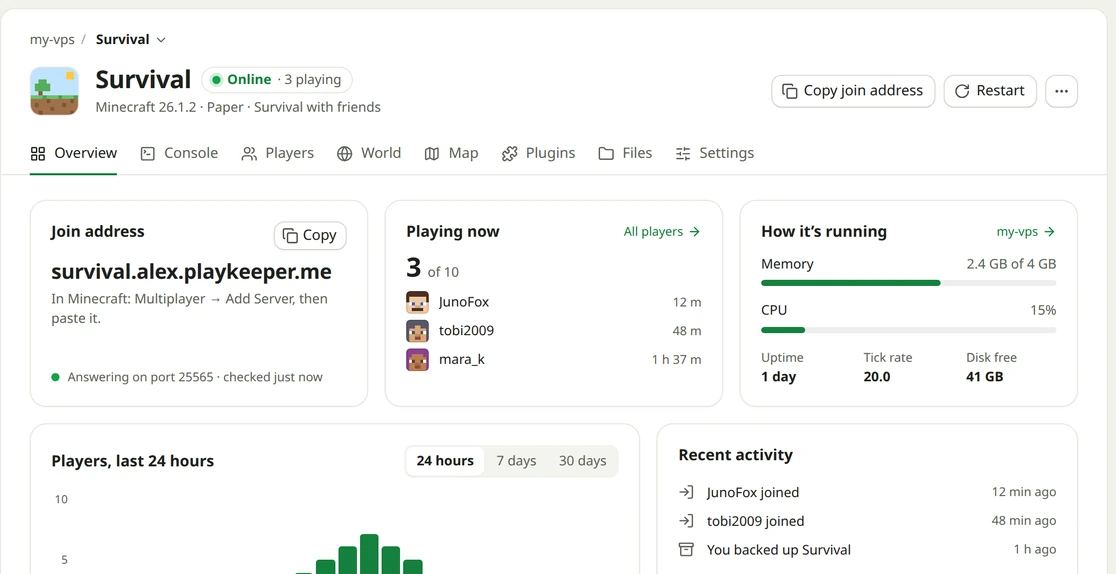 A server's Overview in the dashboard: its join address, who's playing, how it's running and the players over the last day.