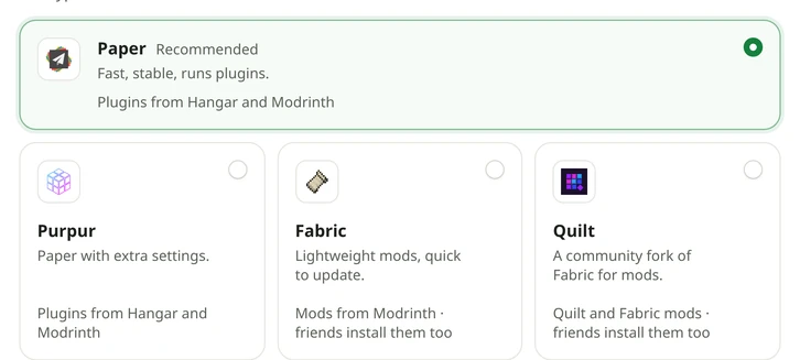 New server's first step: the server types, with what each runs.