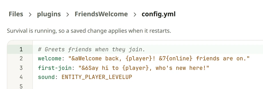 A plugin's config.yml open in Playkeeper's Files tab, with welcome messages written in & colour codes.