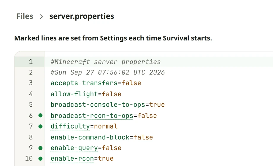 server.properties open in Playkeeper's Files tab: marked lines, like difficulty and enable-rcon, are set from Settings each time the server starts.