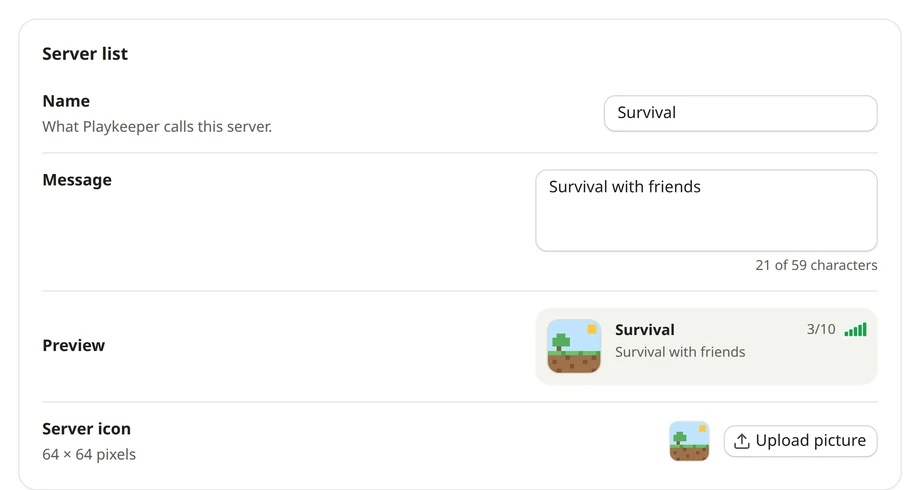 A server's Settings in Playkeeper: Server list, with its name, its message, the server list preview and the server icon beside Upload picture.